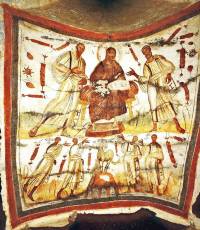 · Arte Paleocristiano · Paleochristian art · Jesús Cristo flanqueado por San Pedro y San Pablo · Pintura mural, fresco, de las Catacumbas de los Santos Pedro y Pablo, Roma, s. IV d. JC. ·