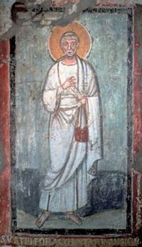 · Fresco representando a Lucas Evangelista · Catacumbas de Comodila, Roma · s. VI d. JC · Catacombs of Commodilla · · Fresco representando a Lucas Evangelista · Catacumbas de Comodila, Roma · s. VI d. JC · Catacombs of Commodilla ·