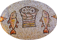 · Arte Paleocristiano · Paleochristian art · Peces y panes eucarísticos · Mosaico · Iglesia de la Multiplicación · Tabgha, Israel · S. IV d. JC.