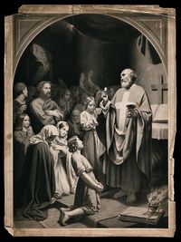 · Cristianos celebrando la comunión en las catacumbas · Litografía de Jean Baptiste Auguste Leloir (1809-1892).