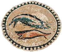 · Peces · Mosaico · Domus ecclesiae · Kefar Othnay, Megido, Israel · 230 d. JC. Fuente imagen: Dr. Yotam Tepper · Peces · Mosaico · Domus ecclesiae · Kefar Othnay, Megido, Israel · 230 d. JC. Fuente imagen: Dr. Yotam Tepper