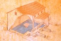 · Reconstrucción de la “Sala de oración cristiana” de Kefar Othnay según T. Malchin · Imagen de: Tepper Y. and Di Segni L. 2006 A Christian Prayer Hall of the Third Century C.E. at Kefar 'Othnai (Legio), Excavations at the Megiddo prison 2005. Jerusalem.